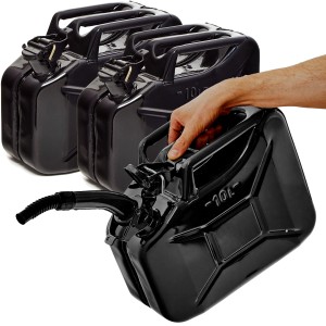 3 schwarze 10L Metall Kraftstoffkanister mit Ausgießer, TÜV-geprüft und UN-Zulassung.