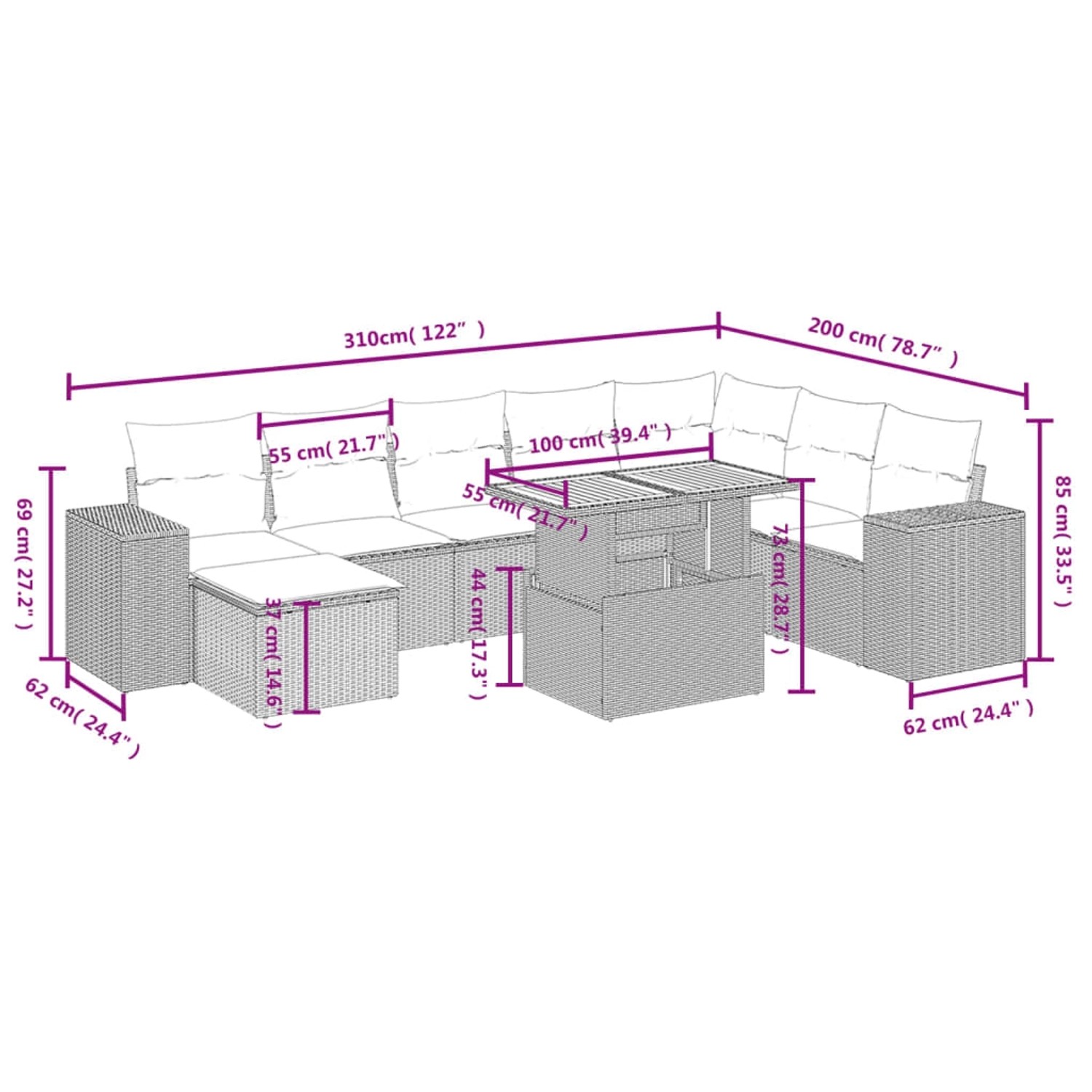 Beige 9-tlg. vidaXL Garten-Sofagarnitur aus Polyrattan mit Tisch und Kissen, Maße eingezeichnet.