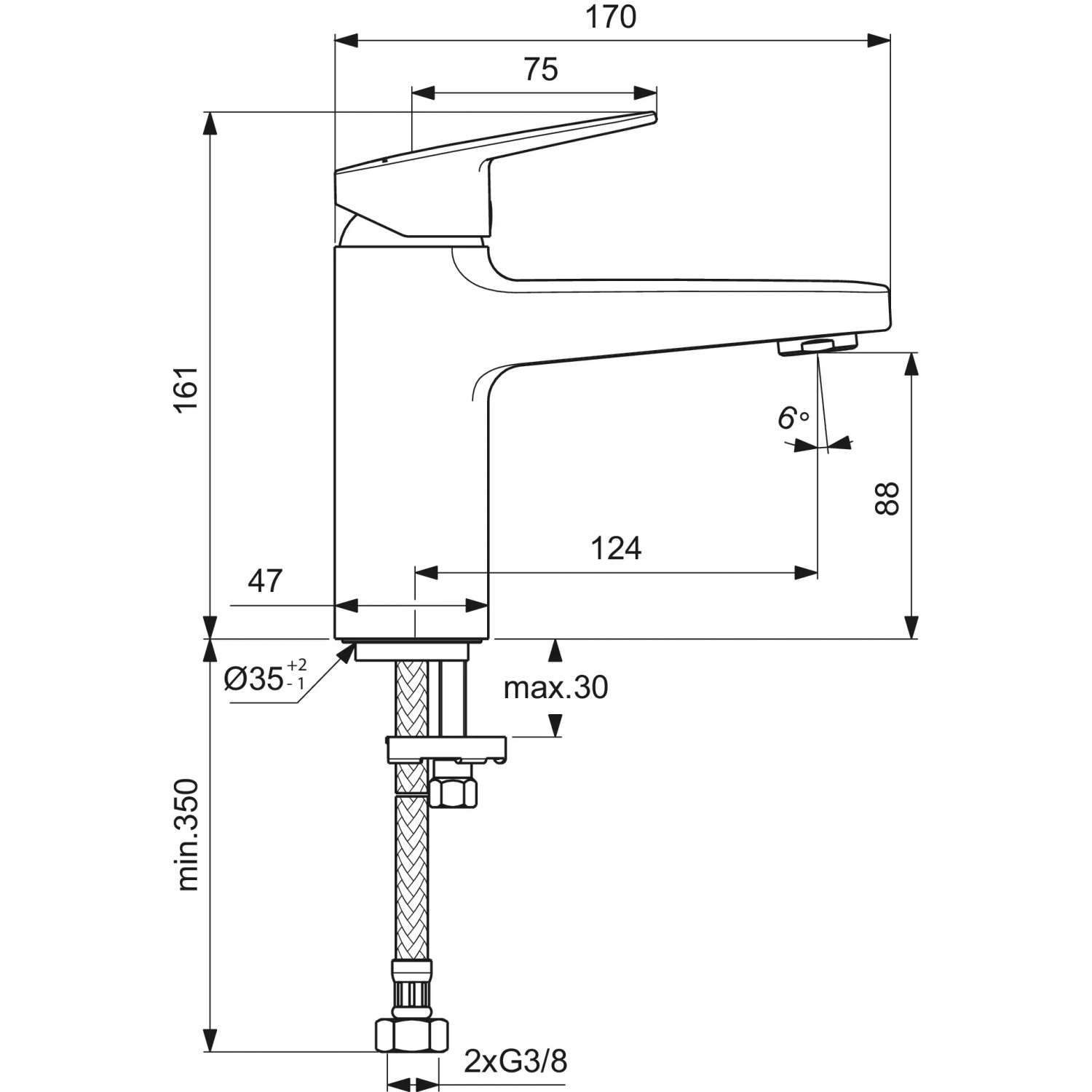 Technische Zeichnung: Ideal Standard Ceraplan Waschtischarmatur, H90, Schwarz Matt, Maße