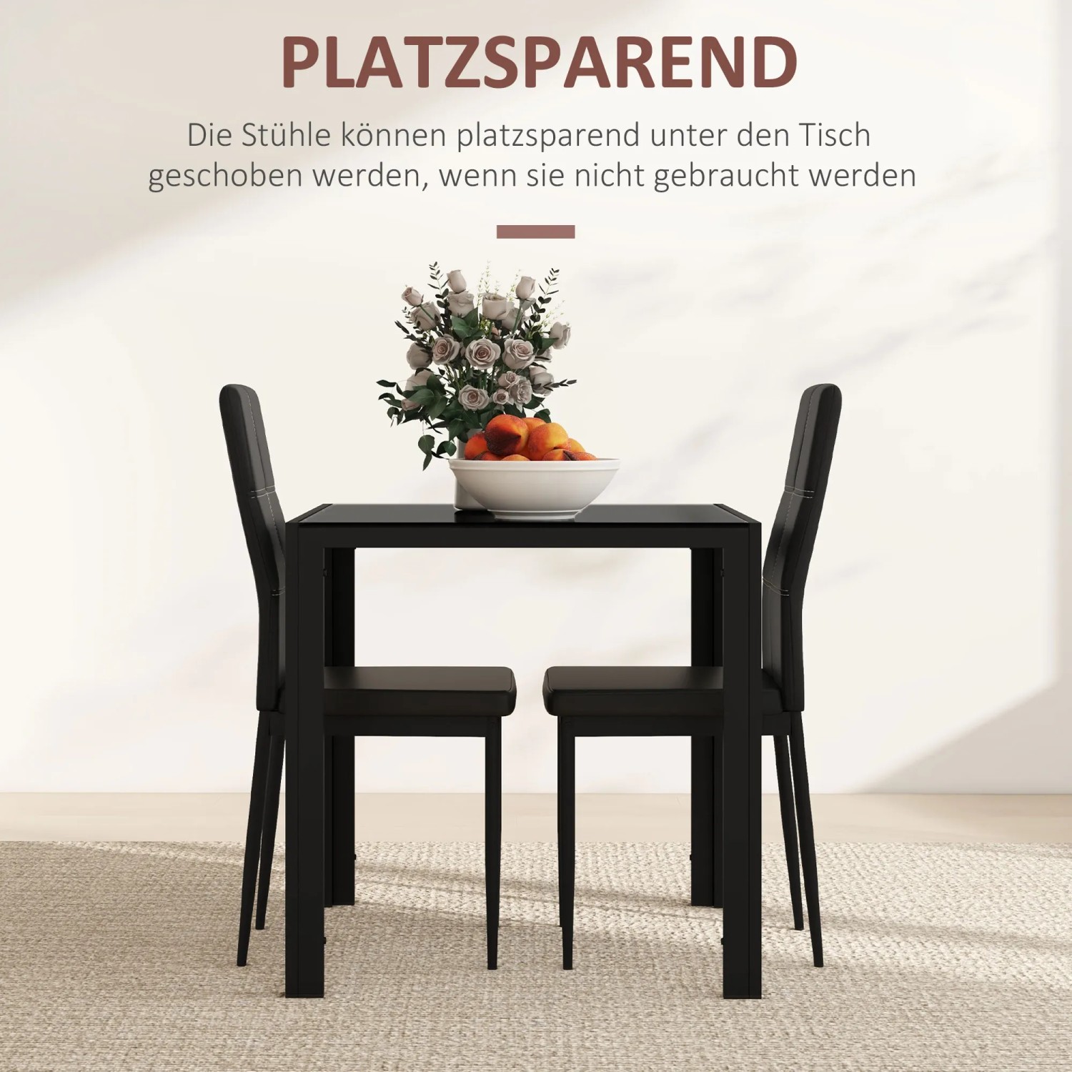 Schwarze HOMCOM Essgruppe mit Glasplatte und zwei Stühlen, platzsparendes Design.