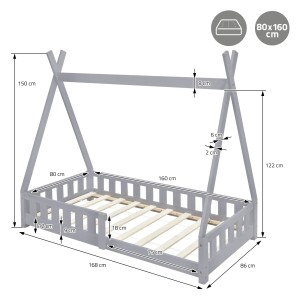 Hellgraues ML-Design Kinderbett Tipi 80x160 cm mit Matratze und Rausfallschutz, Maße sind eingezeichnet.