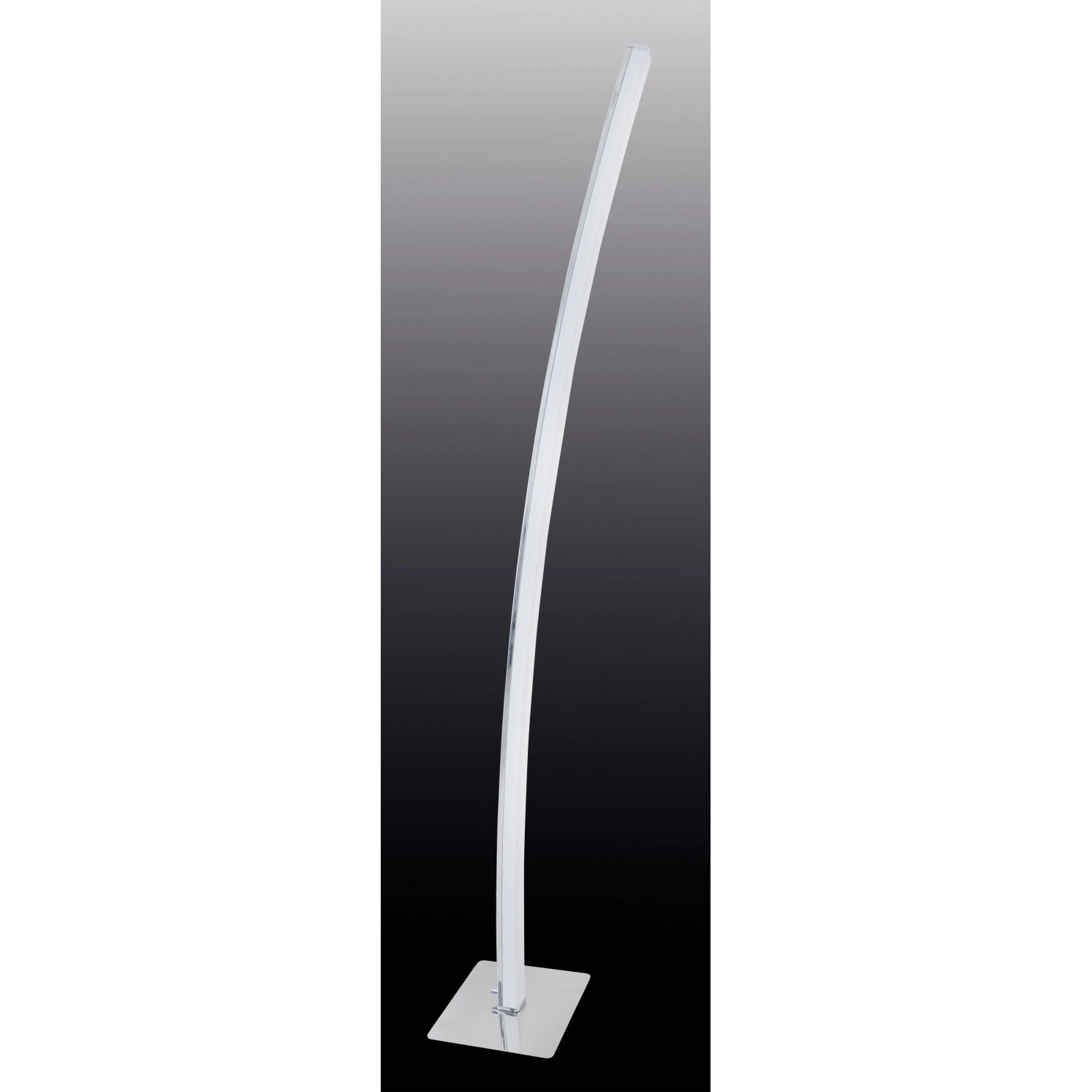 Moderne LED-Stehleuchte Dubai in Chromoptik mit Touch-Dimmer und warmweißem Licht.
