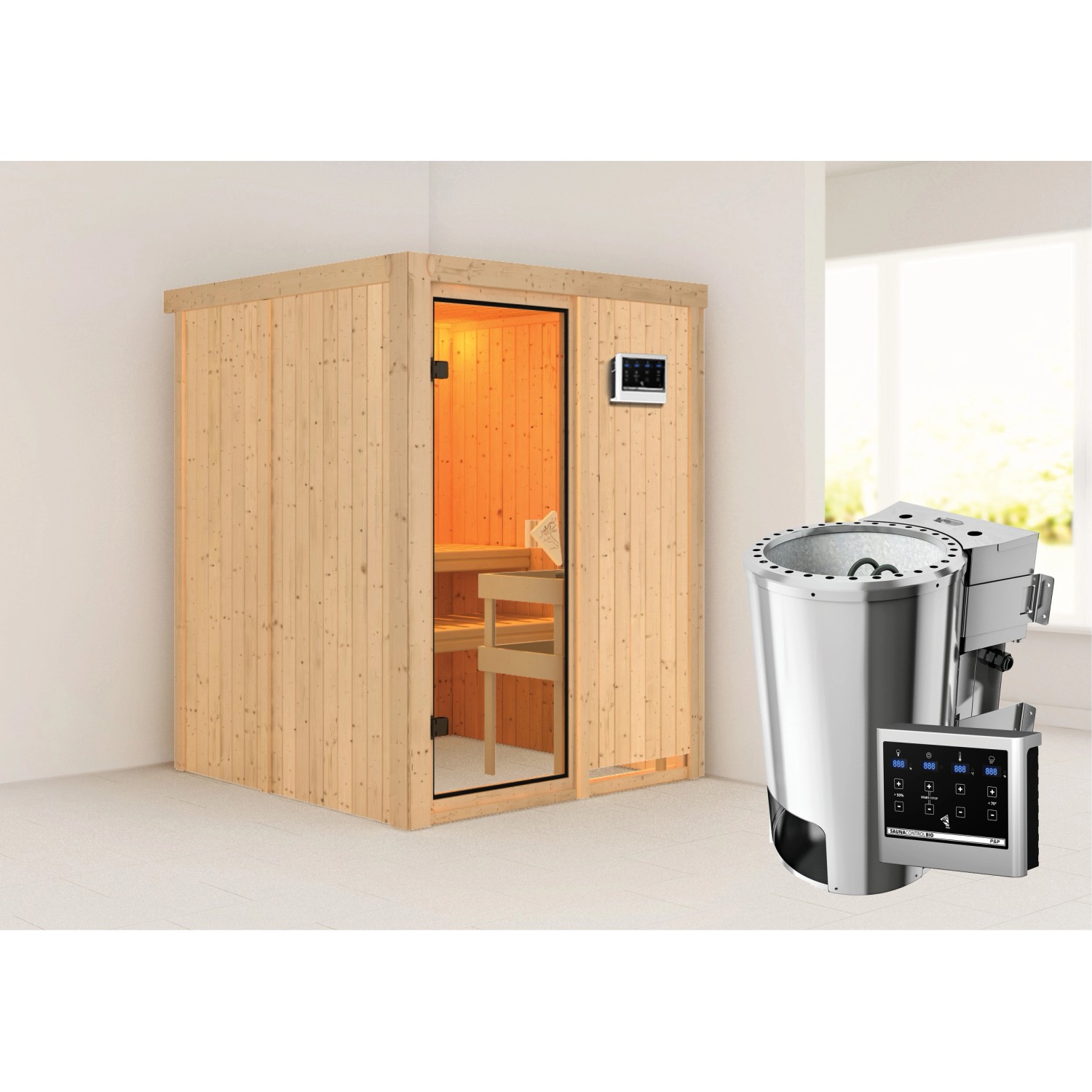 Karibu Sauna mit Bio-Ofen externe Stg.Natur günstig online kaufen