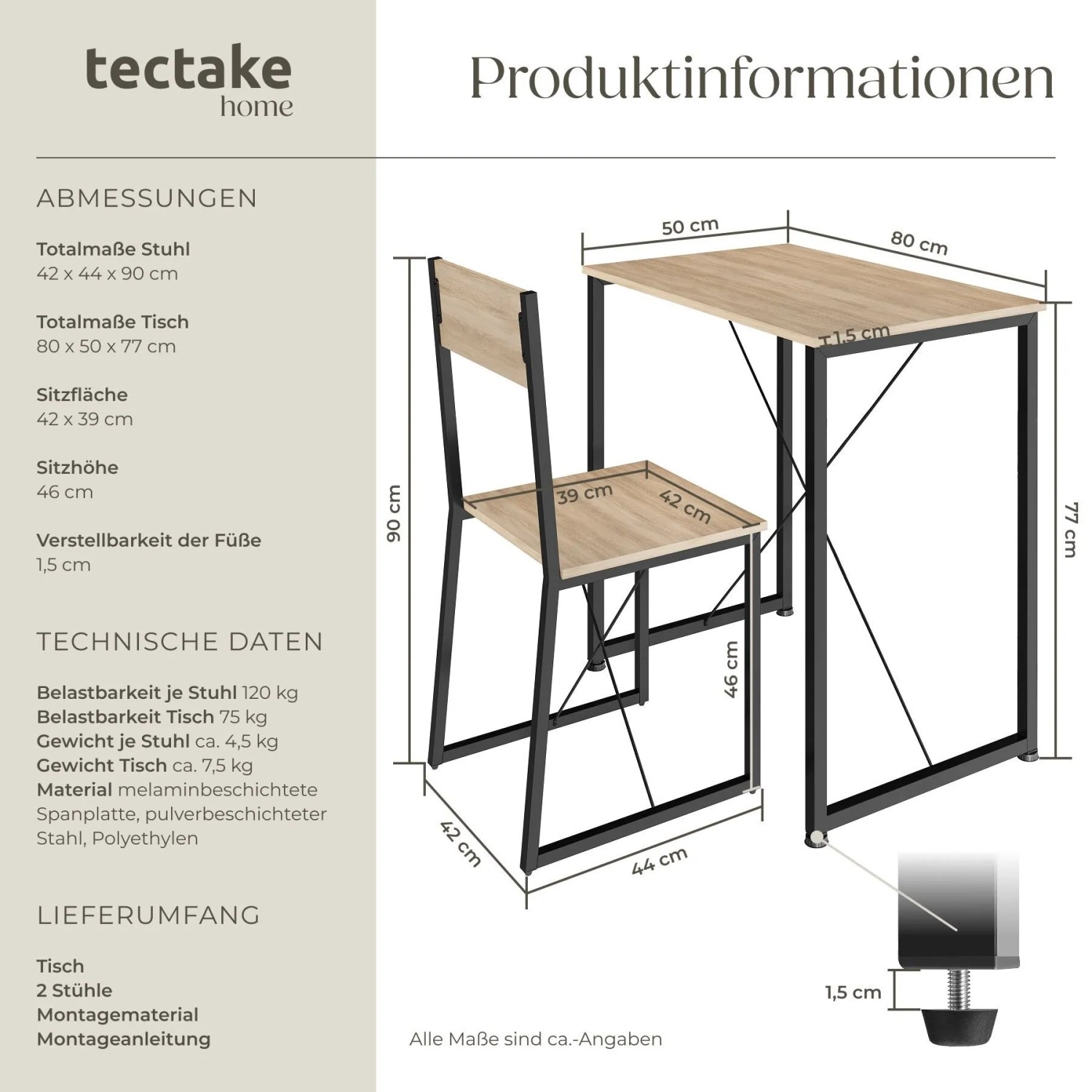 Tectake Sitzgruppe Margate 3 Teilig Esstisch Mit 2 Stühlen 138 x 80 x 90 cm Industrial Holz Hell Eiche Sonoma_6