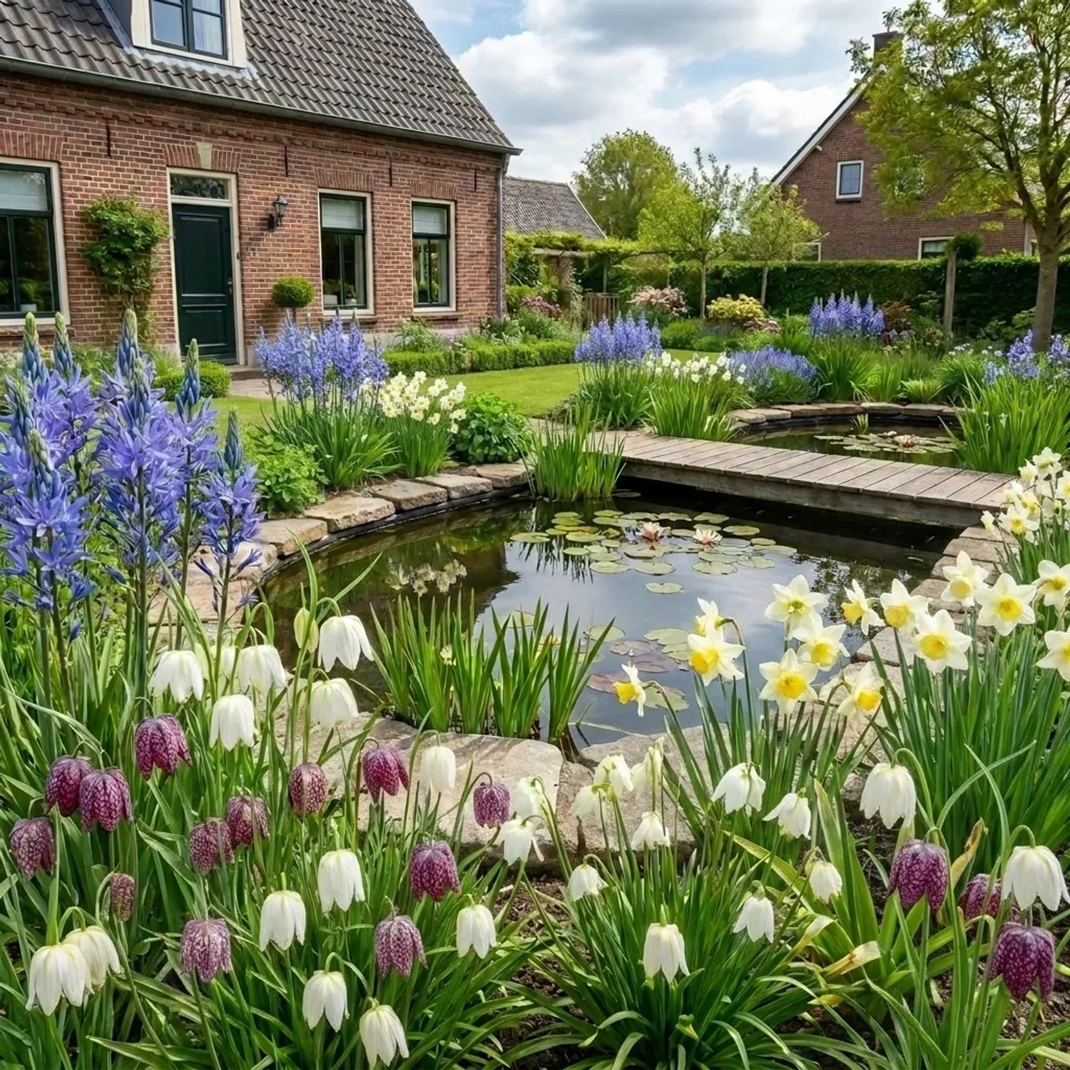 Blühender Teichrand mit Wildblumen: Schachbrettblumen, Narzissen und blauen Camassia-Blüten in einem Garten.