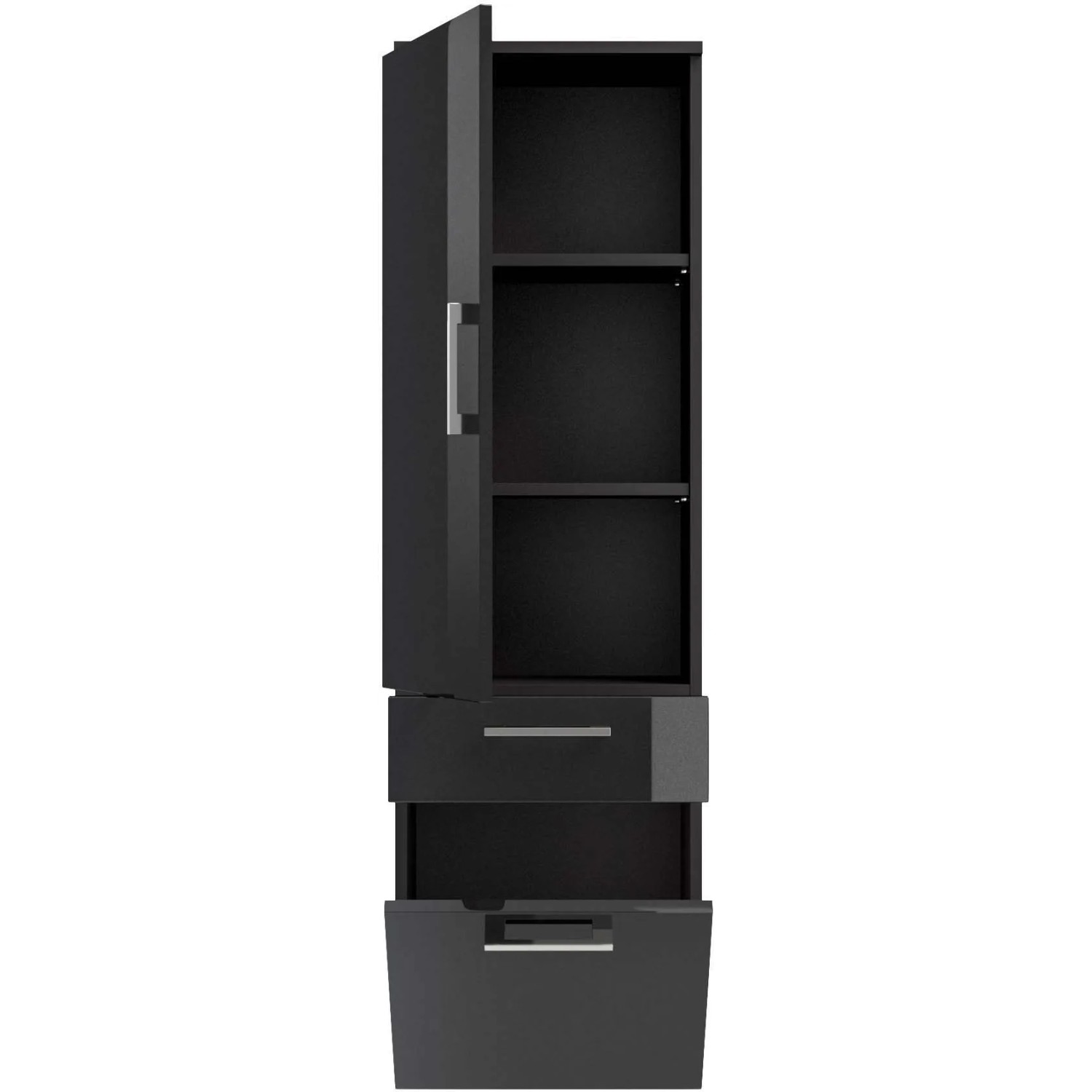 Posseik Bad-Hochschrank Rima, anthrazit, 40 cm breit, mit offenen Fächern und Schubladen.