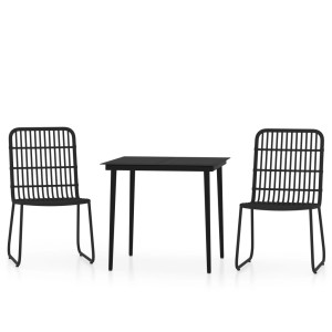 Schwarze 3-tlg. Garten-Essgruppe: Tisch mit Glasplatte und zwei Rattan-Stühle.