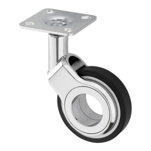SOTECH Design Möbelrolle BERLIN, Ø60mm, Chrom poliert, mit schwarzem Polyurethan-Rad und Montageplatte. Belastbar bis 60kg.