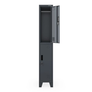Jan Nowak Garderobenschrank Bartek 1 Plus, anthrazit, mit geöffneter Tür oben und Kleiderstange.