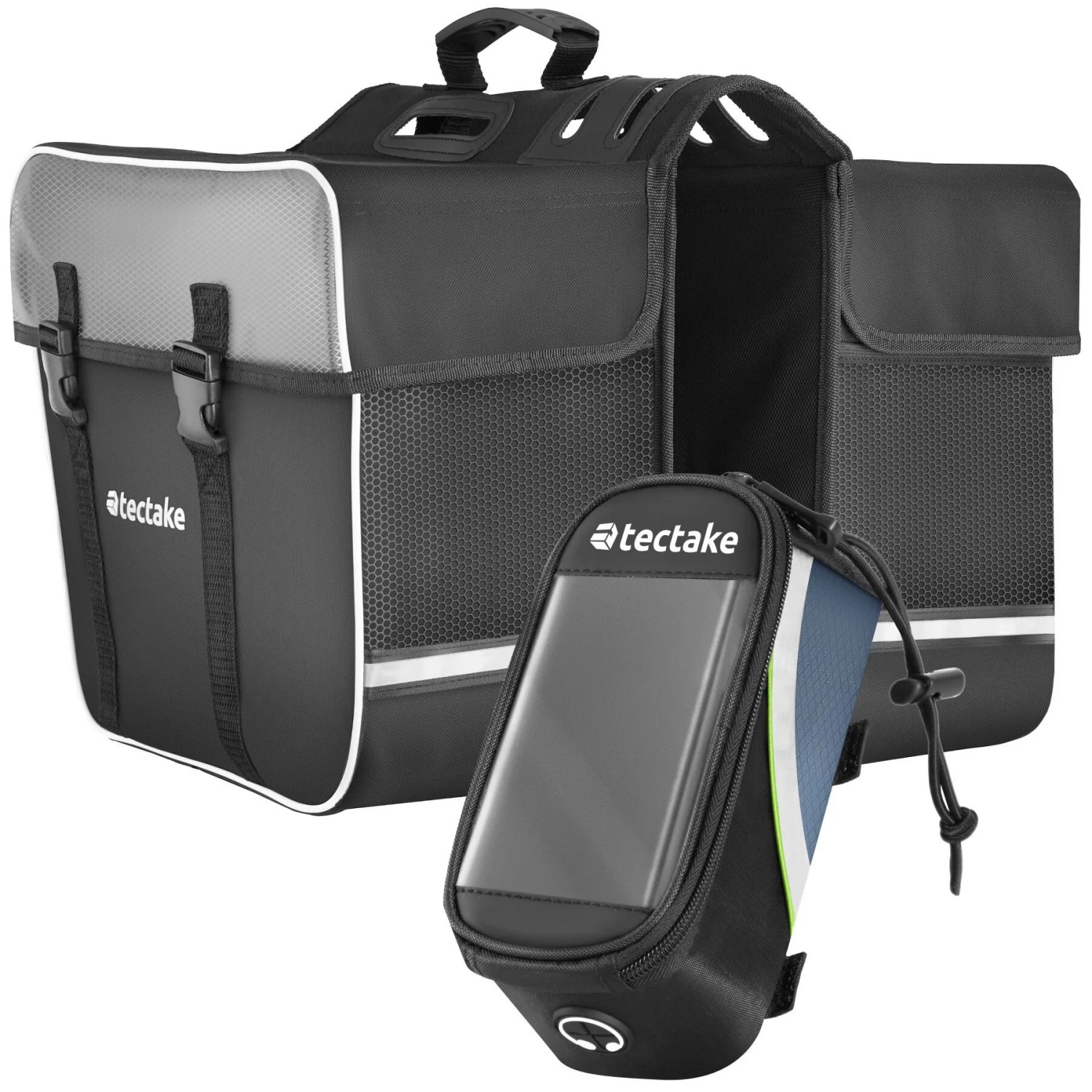 Tectake Set Fahrradtasche Georg und Fahrradrahmentasche  Große Fahrradtasche Mit 2 Fächern Rahmentasche Mit Touch Handyfach 20 5 x 10 x 10 5 cm 20 50