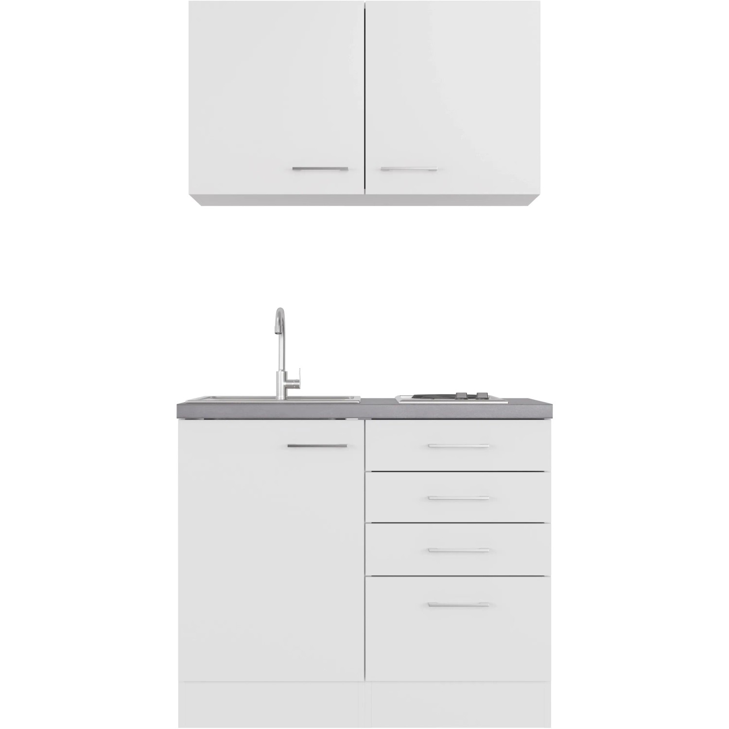 Flex-Well Miniküche Joelina, 100 cm, weiß matt/Beton Grau, mit Spüle und Kochfeld.