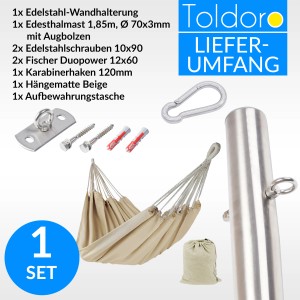 Toldoro Hängematte cremeweiß mit Edelstahl-Befestigung: Wandhalter, Mast, Karabiner und Tasche im Set.