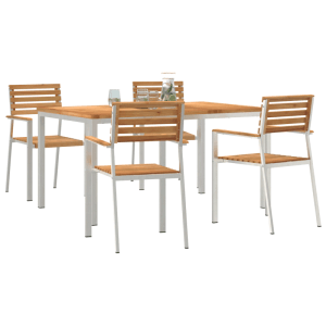 5-teiliges Garten Esstisch Set aus Teakholz mit Tisch und vier Stühlen.