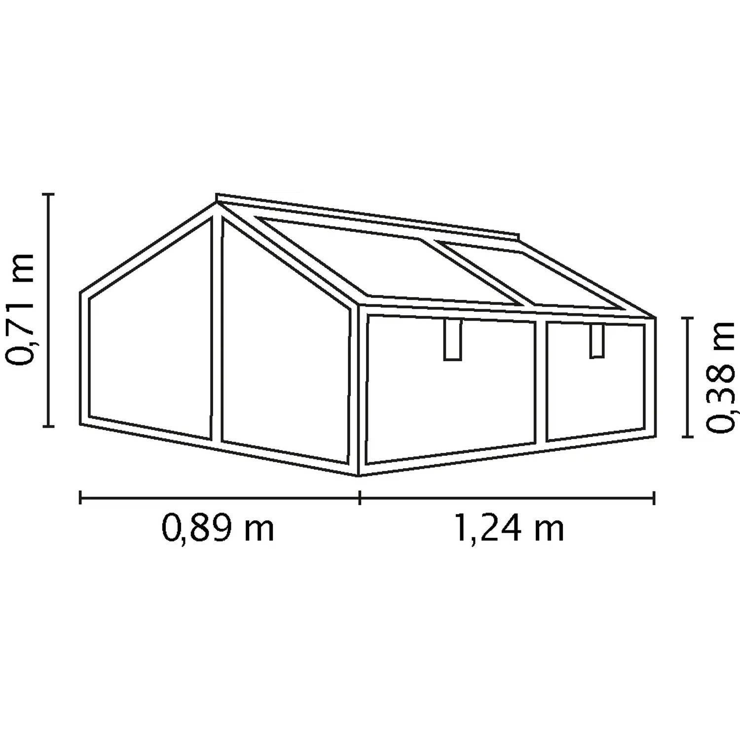 Skizze des Vitavia Frühbeet Gamma ESG Alu, B 89 x T 124 x H 71 cm, mit Maßangaben.