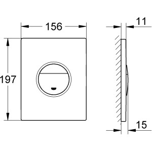 Technische Zeichnung der Grohe QuickFix WC-Betätigung Sail Chrom mit Maßangaben.