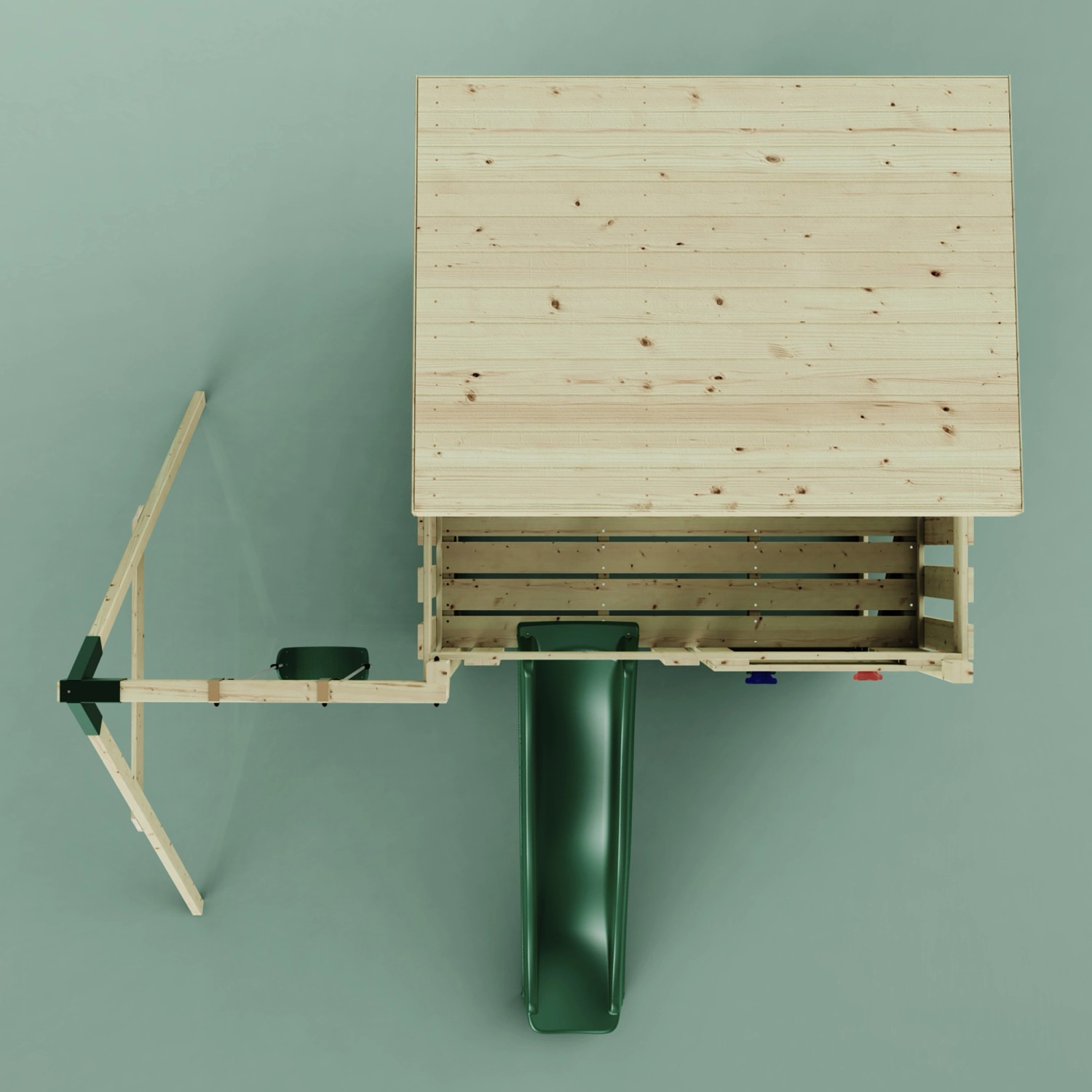 PolarPlay Spielturm Tjorven mit Schaukel und Rutsche, Holz natur, dunkelgrüne Akzente.