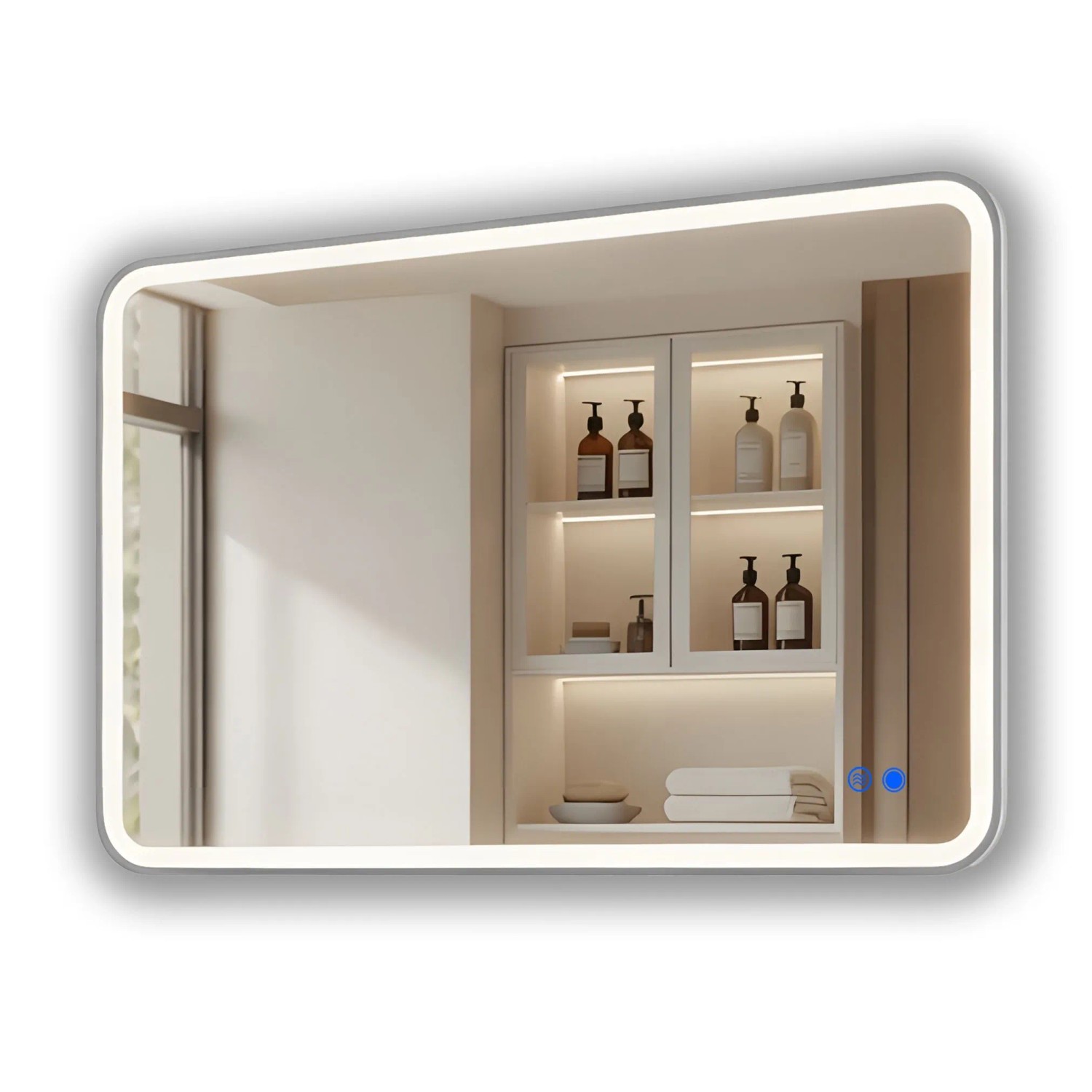 ARTFORMA LED Badspiegel Rechteckig mit Abgerundeten Ecken 100x70 cm mit Beleuchtung Rahmen Gebürstetes Silber Antibeschlag Touch IP44
