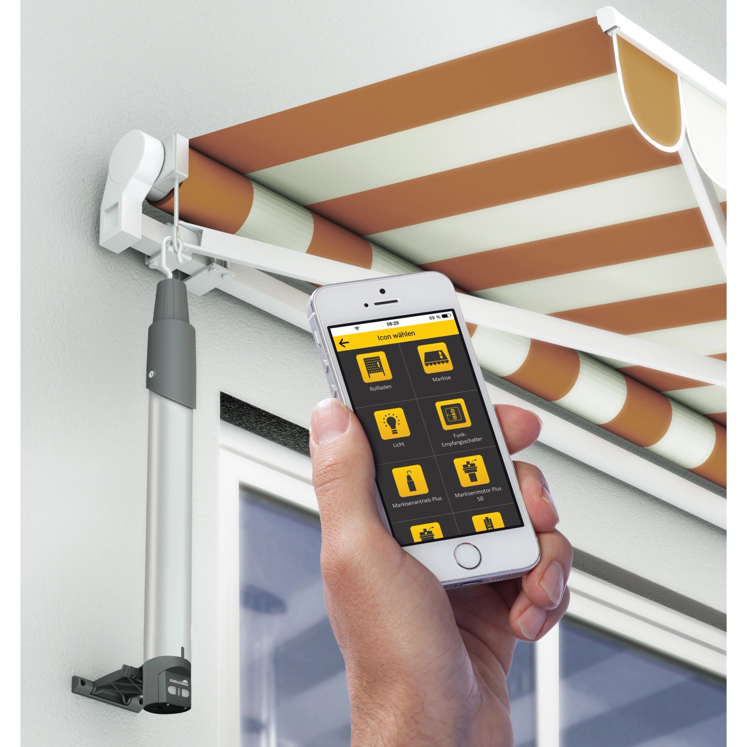 Schellenberg Funk-Markisenantrieb Premium mit App-Steuerung am Smartphone.