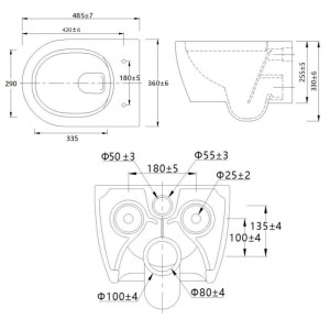Technische Zeichnung des NEG Hänge-WC Uno11RK mit Maßen für Installation. Ansichten von oben, Seite und unten, inkl. Befestigungsabständen.