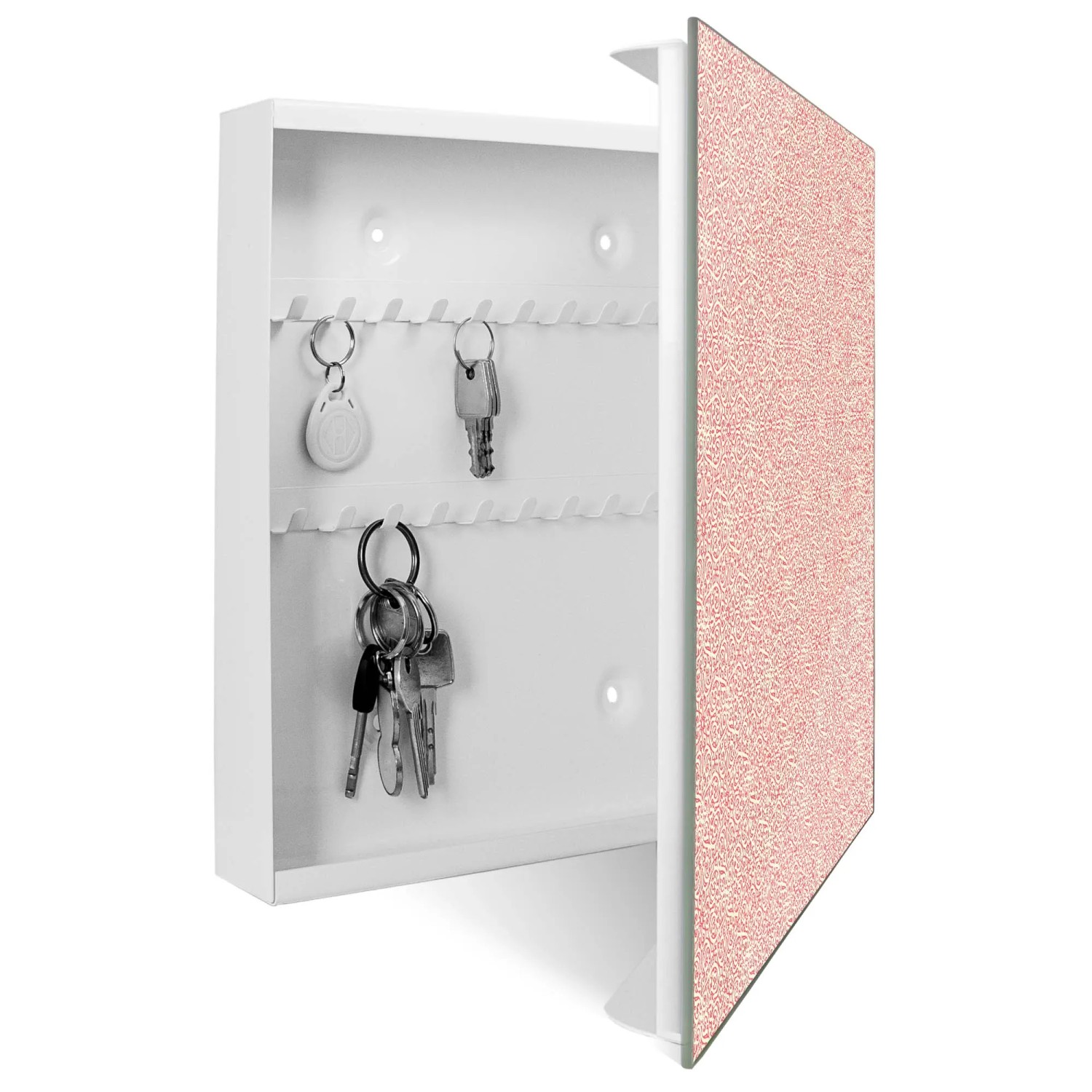 Banjado Schlüsselkasten mit Glasfront, rosa Arabesque Motiv, 50 Haken, magnetisch und beschreibbar.