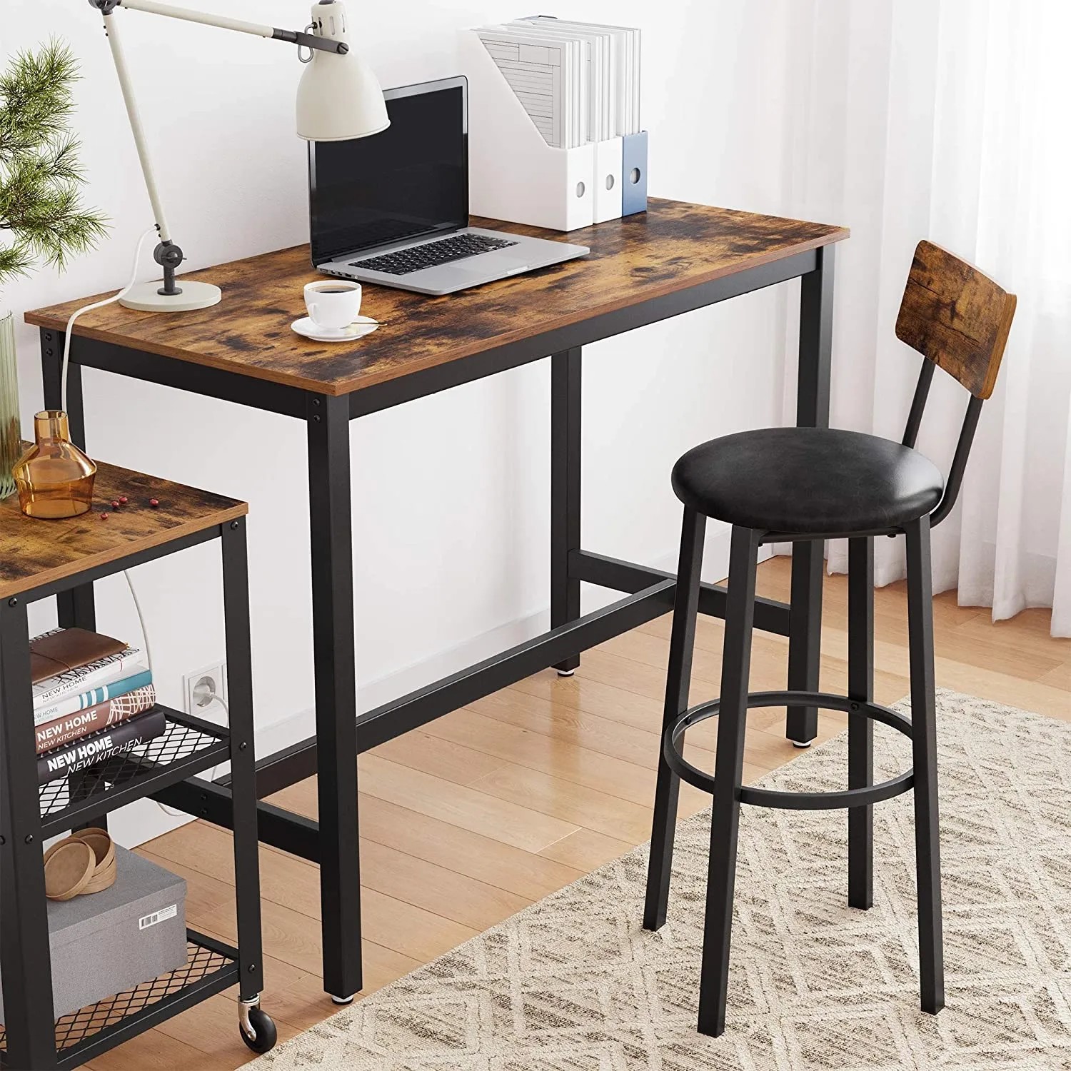 Vasagle Barhocker 2er Set, braun-schwarz, mit Rückenlehne und PU-Bezug. Ideal für Bartisch-Sets.