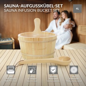 LuxeBath Saunazubehör Set 2 Teilig aus Massivem Kiefernholz Aufgusskübel und Schöpfkelle