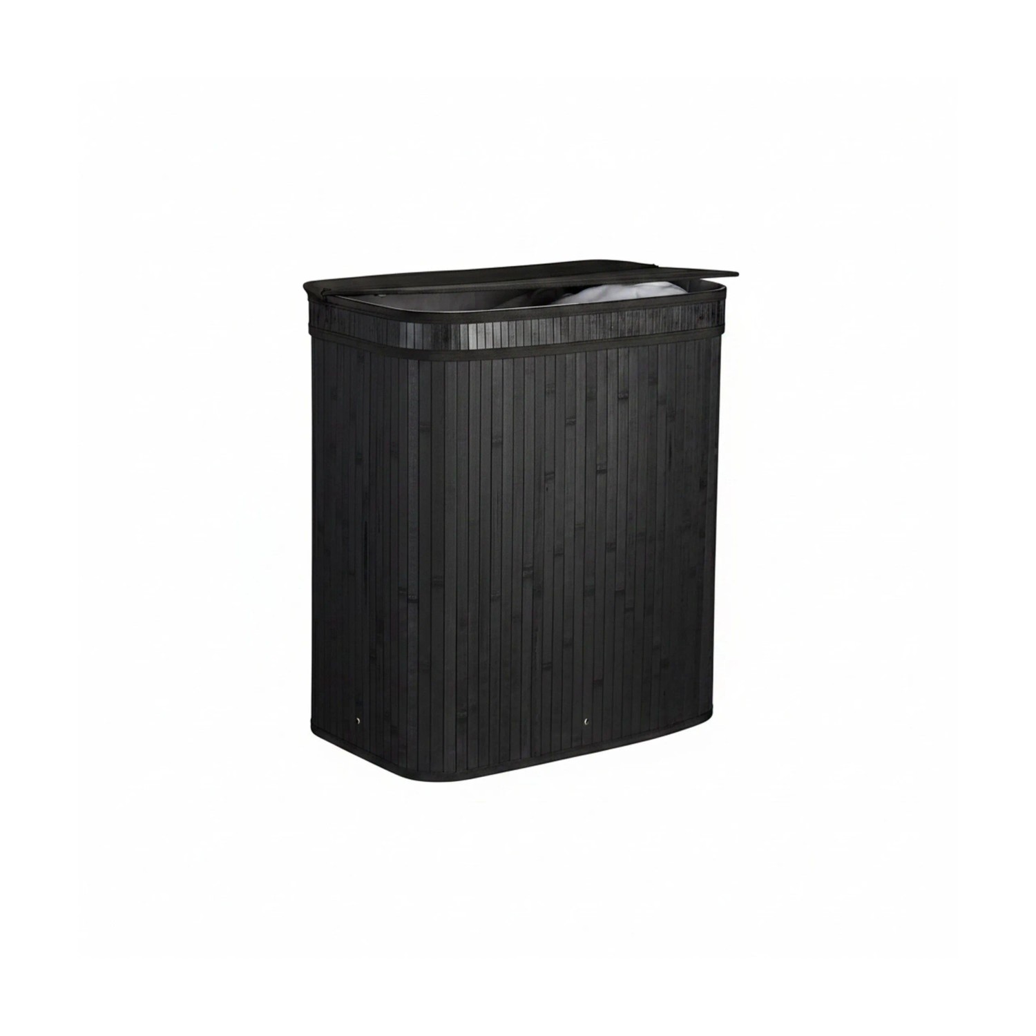 Relaxdays Wäschekorb Bambus Schwarz mit 3 Fächern Faltbar mit Deckel 63 cm x 52 cm x 32 cm 2,7 kg