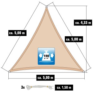 Beiges, dreieckiges AMANKA Sonnensegel (5x5x5 m) mit Maßen und 3 Seilen zur Befestigung.