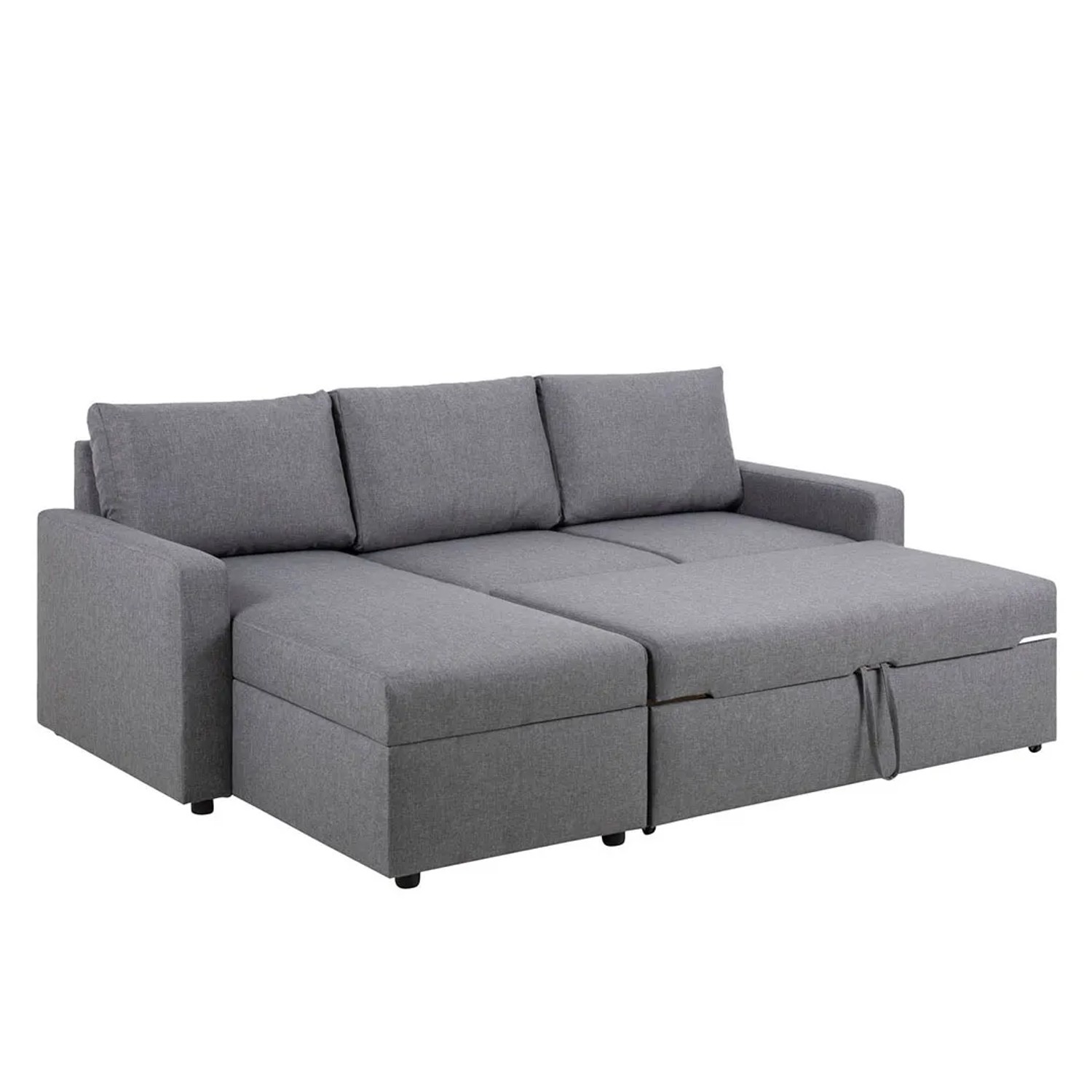 Hellgraues ebuy24 Schlafsofa mit Ottomane, Auszug und Stauraum.