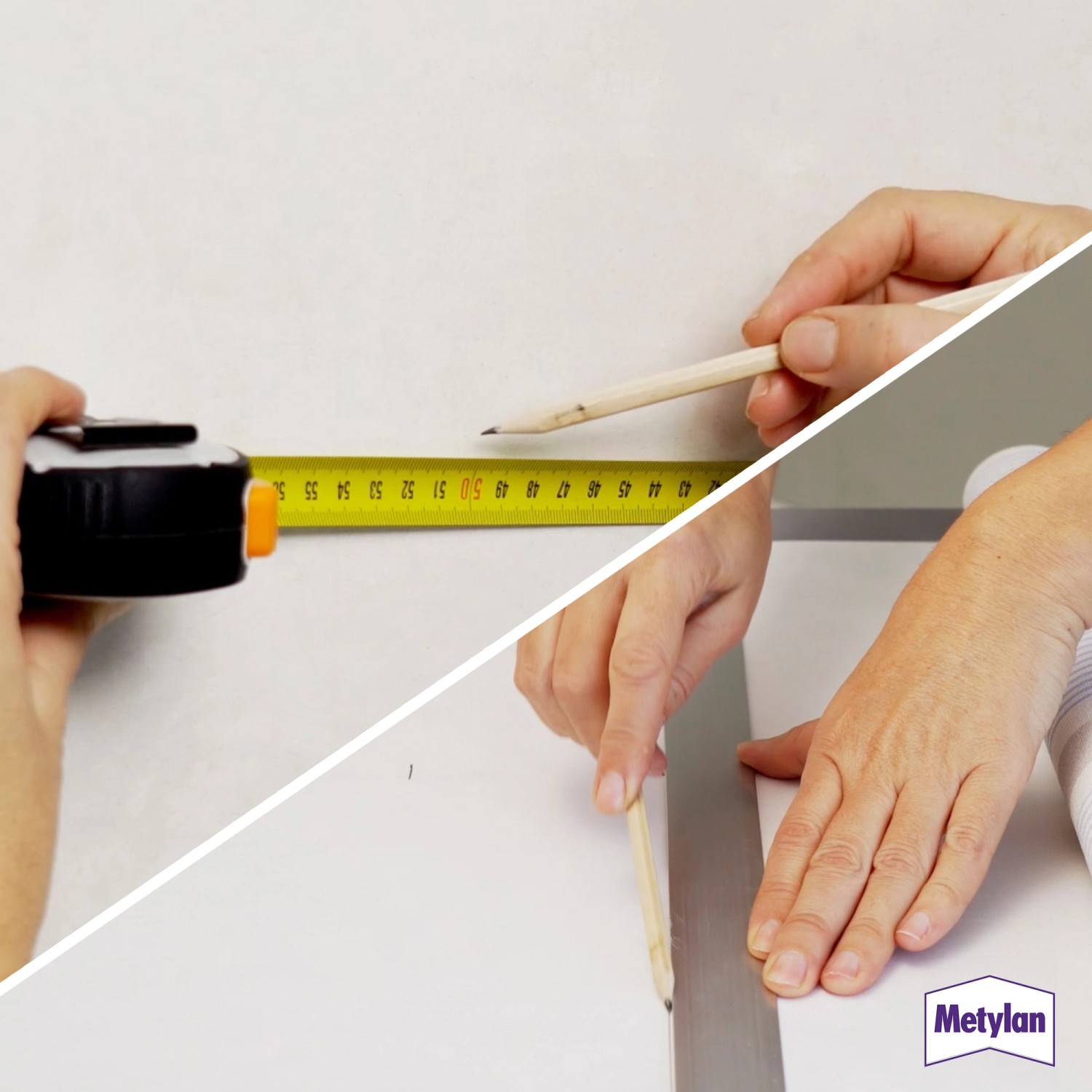 Anwendung von Metylan Tapetenkleister: Zuschneiden der Tapete mit Maßband, Bleistift und Schneidlineal.