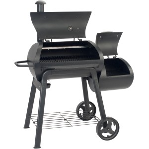 Schwarzer Landmann Smoker Vinson 300 Holzkohlegrill mit geöffnetem Deckel.