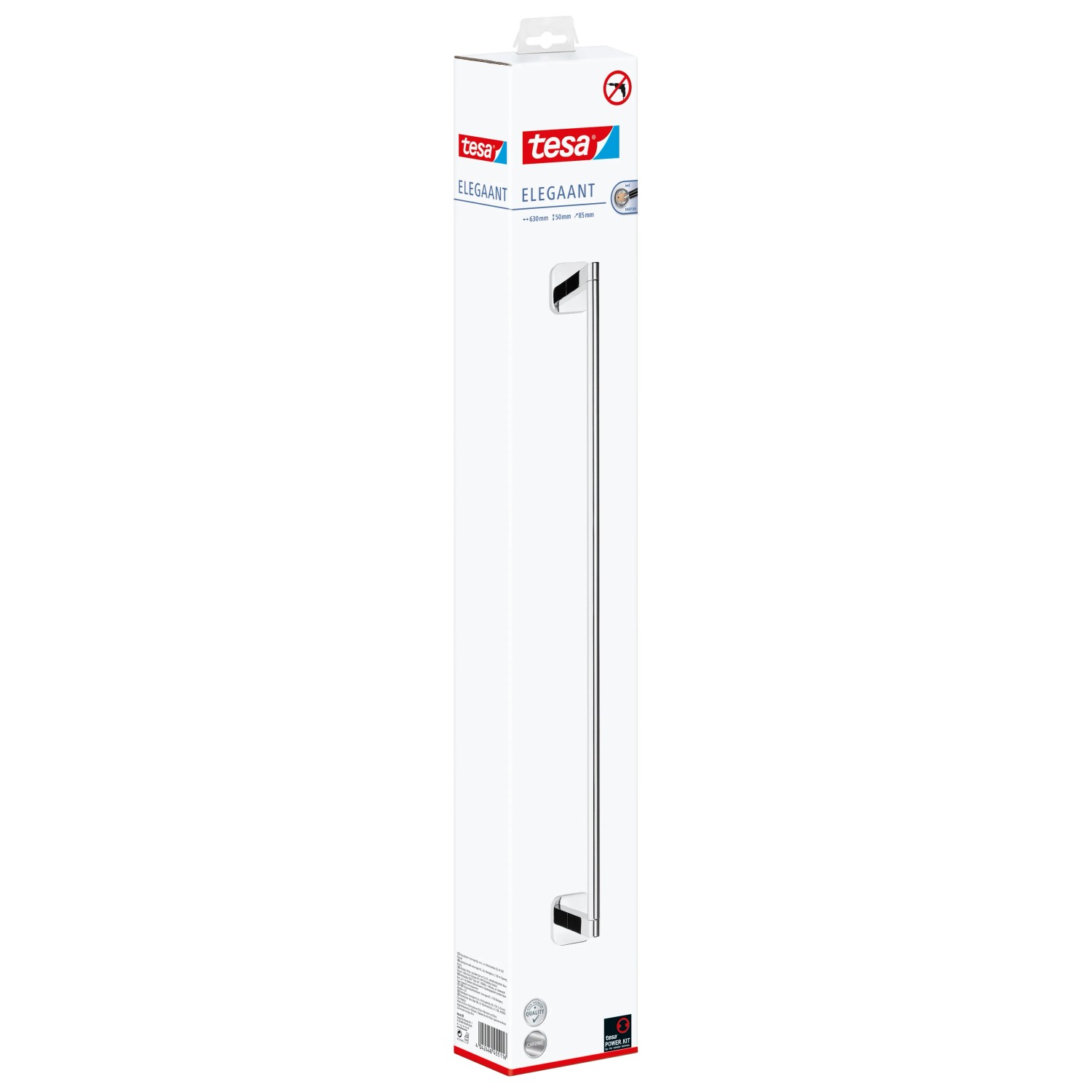 Tesa Elegaant Handtuchstange Chrom, verpackt. Rostfreier Handtuchhalter zur Wandmontage ohne Bohren.