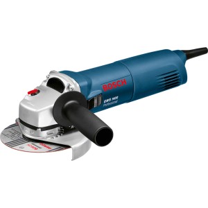 Bosch Professional GWS 1400 Winkelschleifer im Karton, blau/silber mit Schleifscheibe und Zusatzhandgriff.