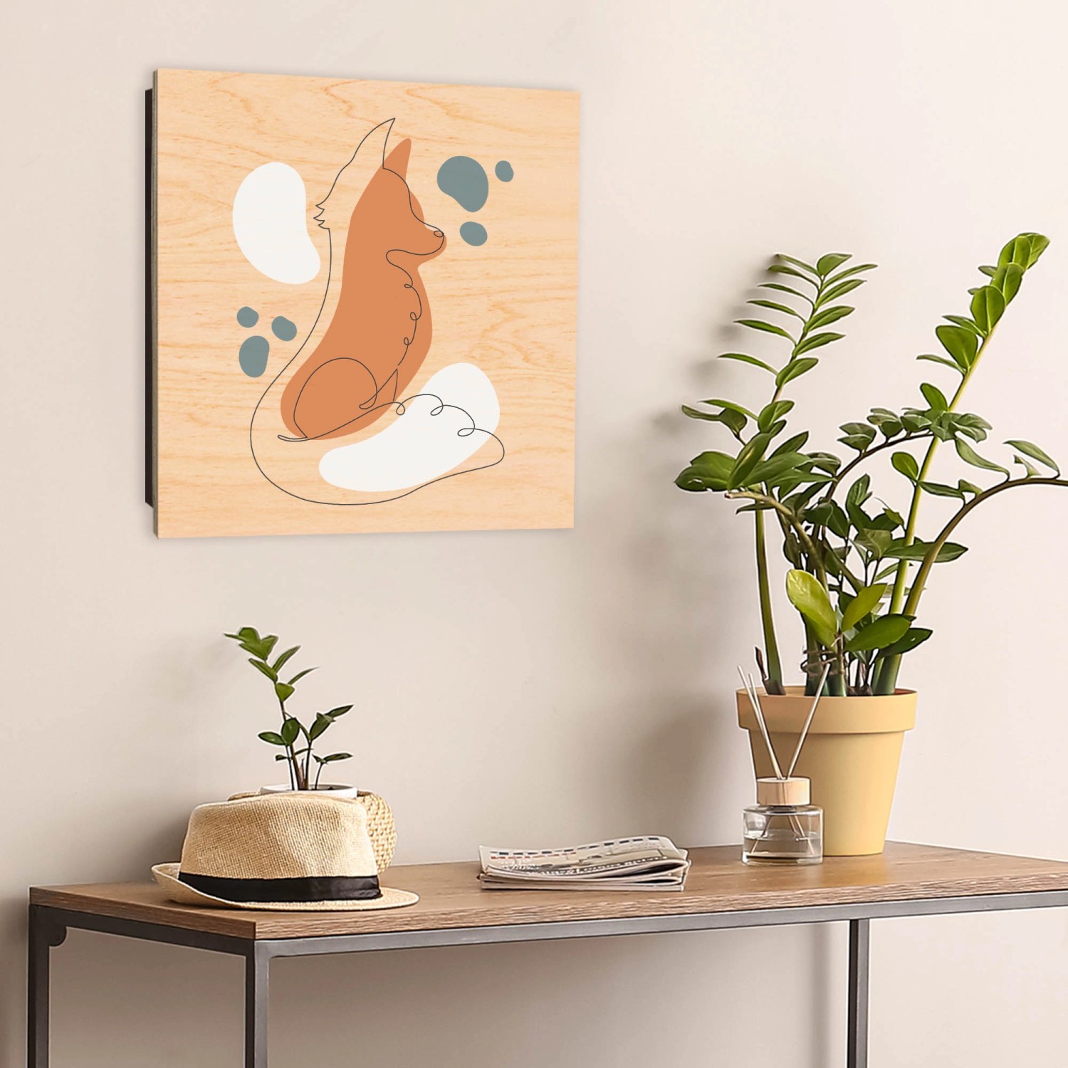 Schwarzer Banjado Schlüsselkasten aus Holz, 30x30cm, Motiv Fuchs in Linien, 50 Haken.