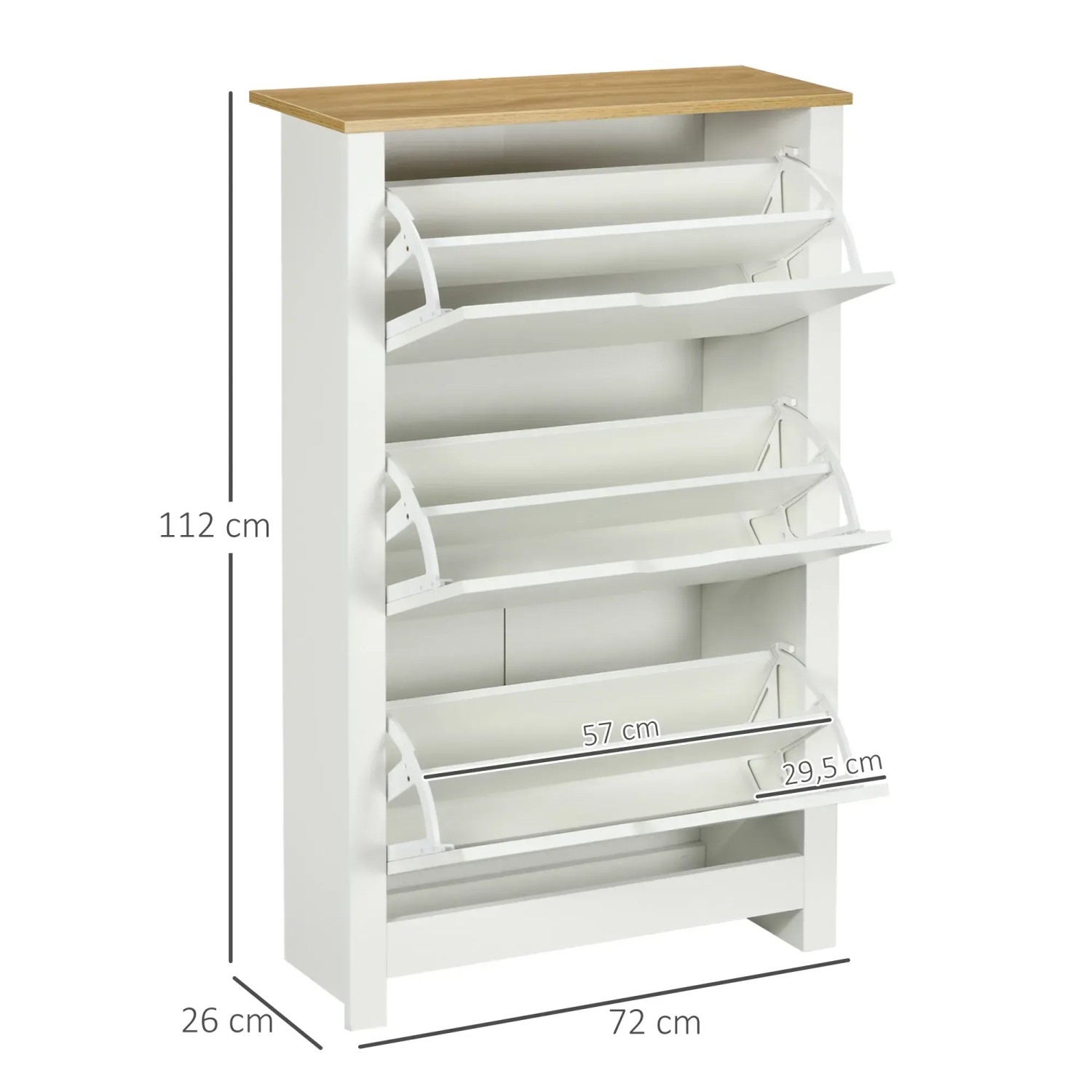 HOMCOM Schuhschrank mit 3 Klappen, weiß, mit Holzplatte. Schuhkommode mit viel Stauraum für bis zu 18 Paar Schuhe.