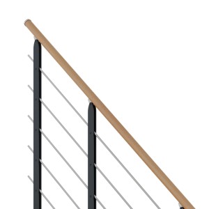 Detailansicht Dolle Mittelholmtreppe Sydney mit Buchenholz-Handlauf und anthrazitfarbenen Metallelementen.