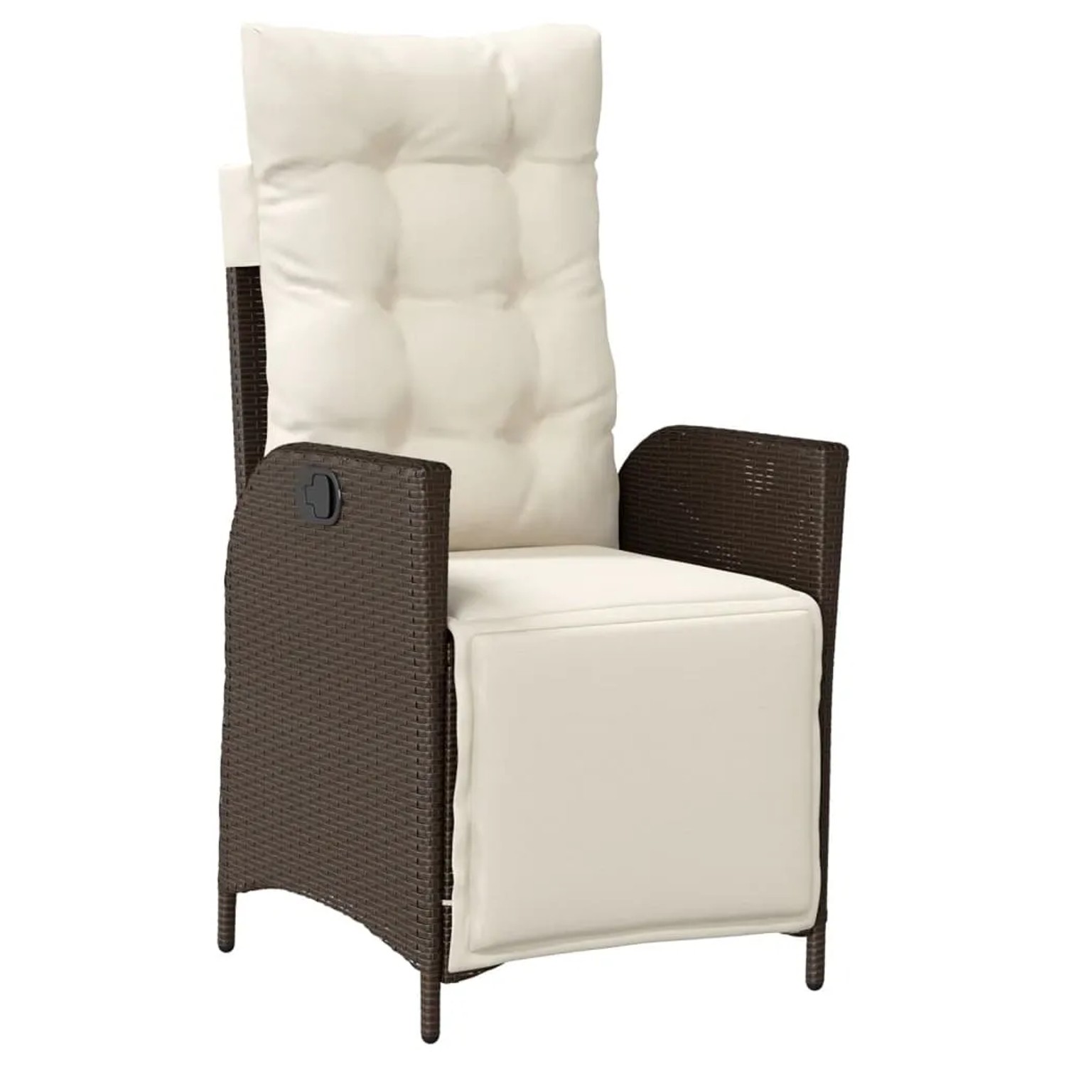 Brauner vidaXL Garten-Relaxsessel aus Rattan mit cremefarbenen Kissen.