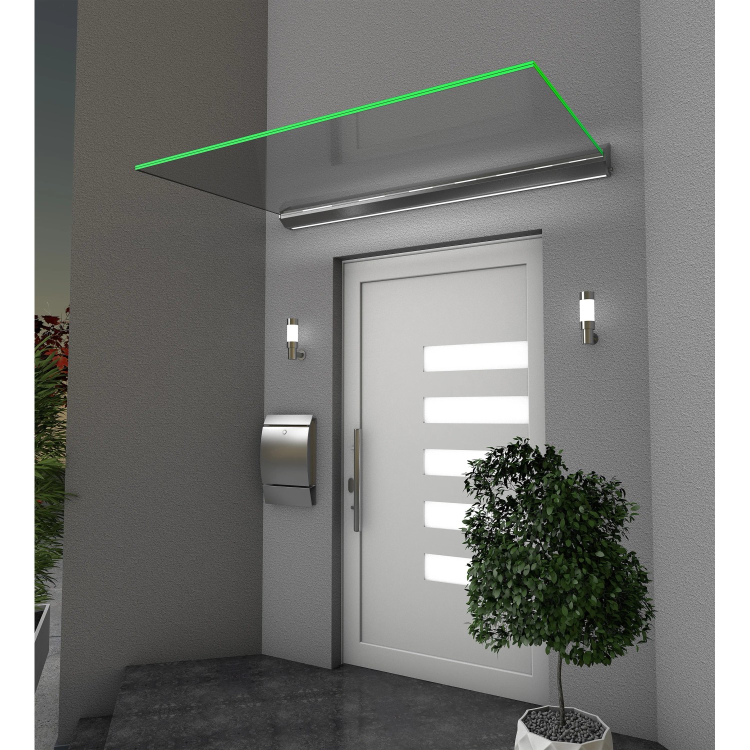 Modernes Echtglasvordach mit LED-Beleuchtung (160x93,5 cm) über einer Haustür.