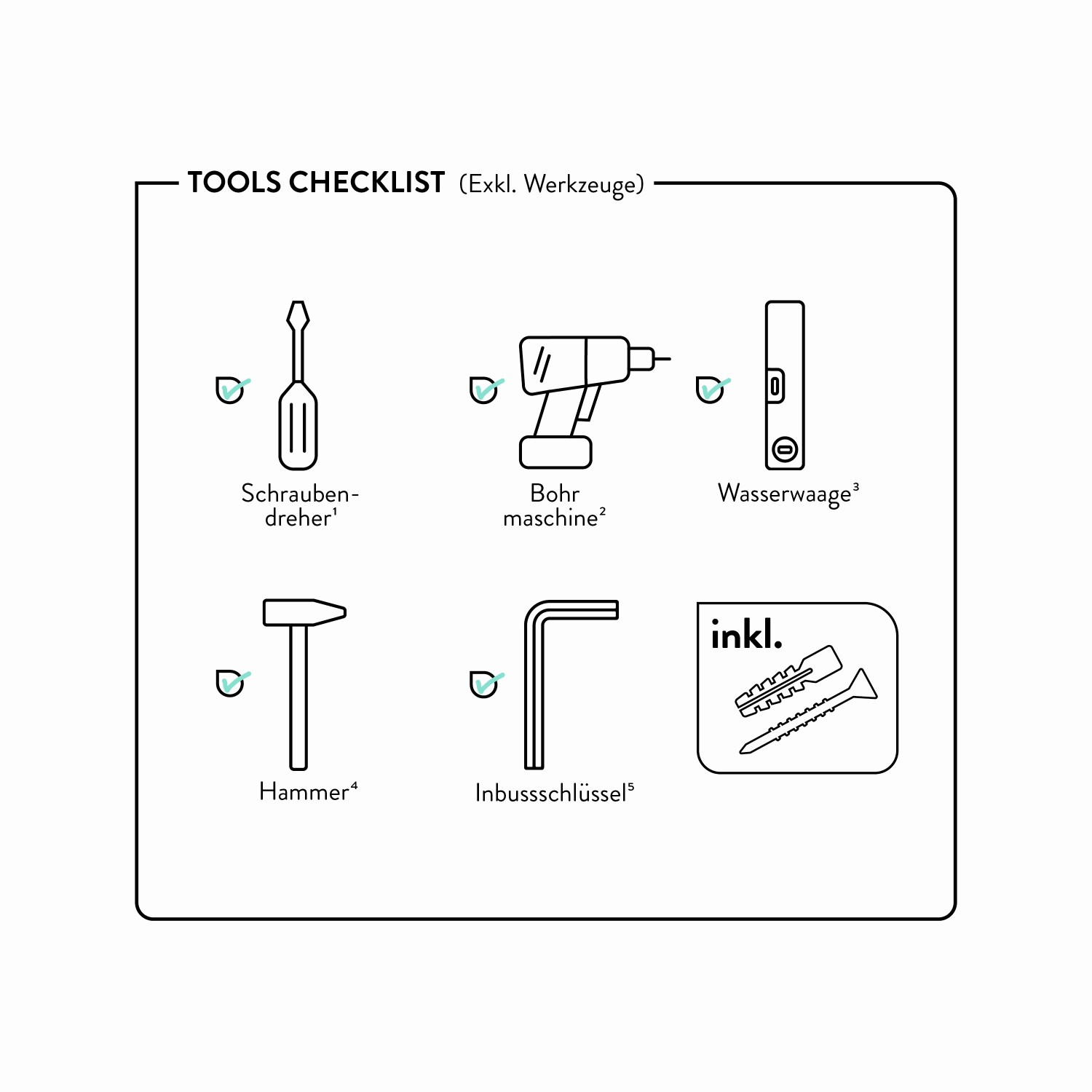 Checkliste benötigter Werkzeuge zur Montage des Brausesets, inklusive Schraubendreher, Bohrmaschine, Wasserwaage, Hammer, Inbusschlüssel und Dübel.