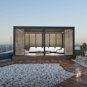 Anthrazitfarbene Weide Lamellenwand in Holzoptik aus Aluminium für Weide Pergola.