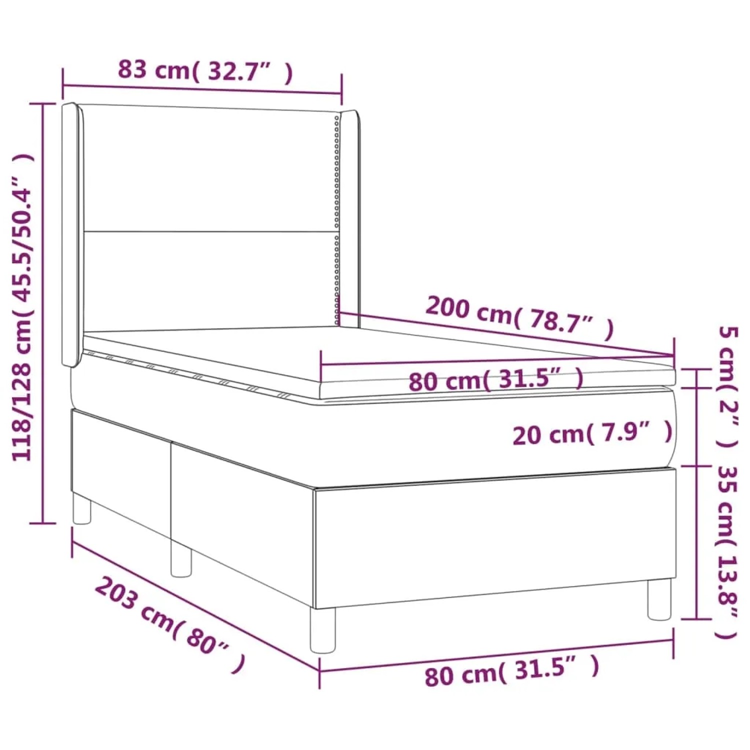 Skizze Boxspringbett, schwarz, 80x200 cm, mit Matratze und Kopfteil, Maße eingezeichnet.