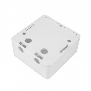 Weiße hb-digital Aufputzdose für 2 Keystone Module, geeignet für Wand-, Boden- oder Tischmontage.