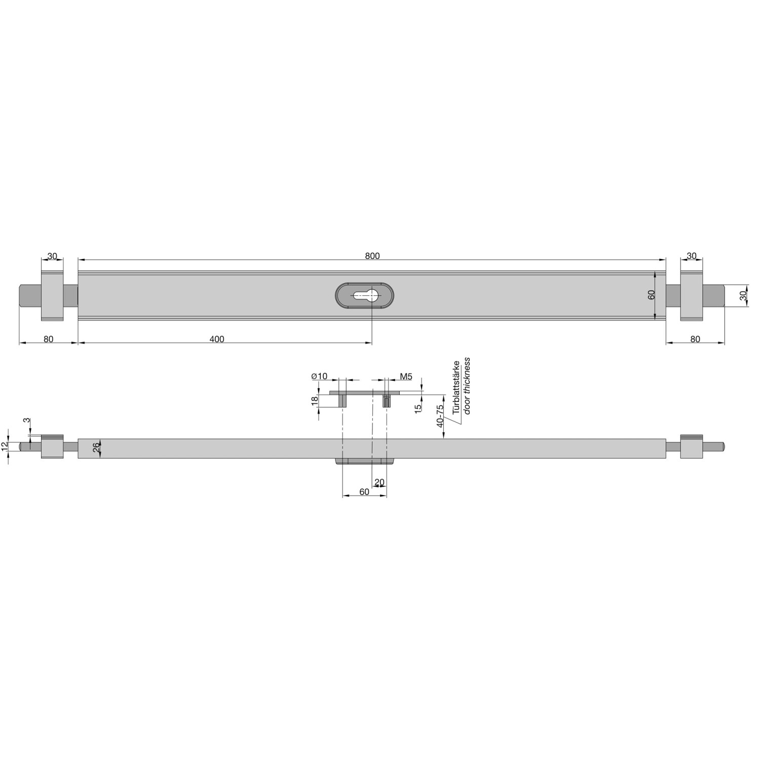 Technische Zeichnung Basi Panzer-Riegelschloss PR 800, braun, mit Maßen für Montage und Türstärke.
