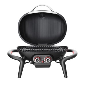Schwarzer Taino Kenai Gasgrill mit offenem Deckel, Gusseisenrost und roten Reglern. Kompakter Aluguss Tischgrill.