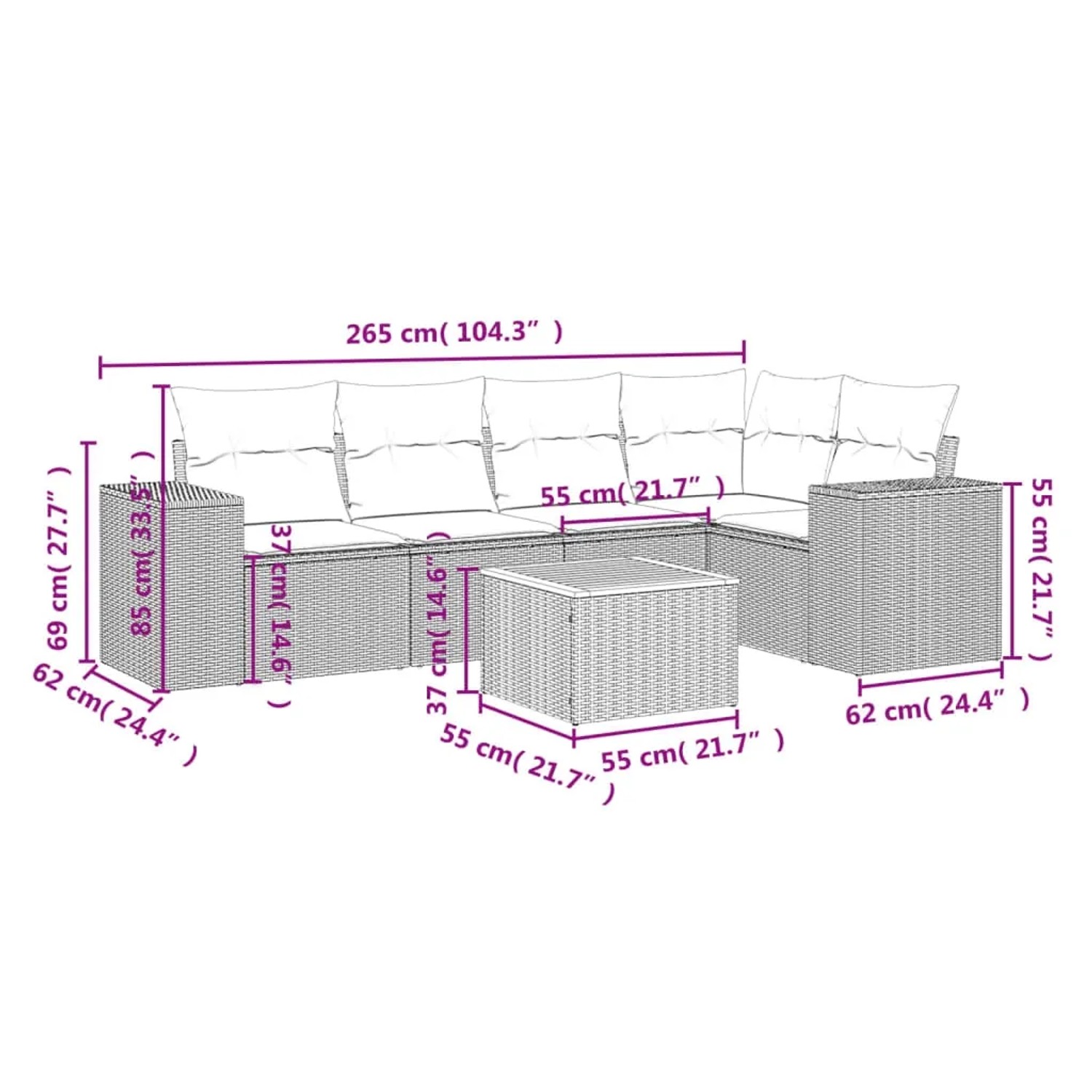Beige 6-teilige Garten-Sofagarnitur mit Kissen aus Polyrattan. Gartenmöbel-Set mit Tisch und modularen Sofas.