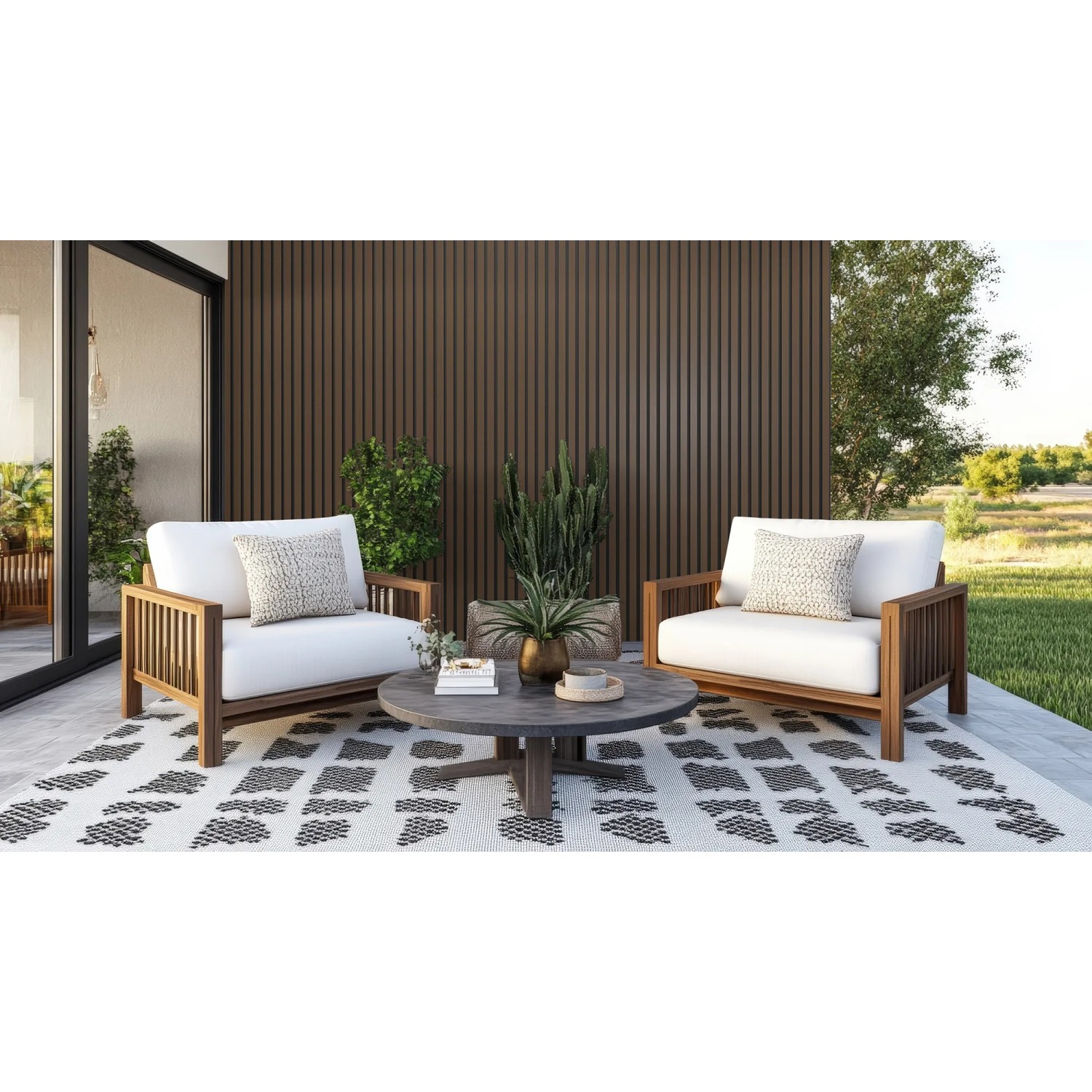 Terrasse mit WPC Wandpaneel in Eiche Walnuss, Sesseln und Tisch. Outdoor-Design mit Dekor-Paneelen.