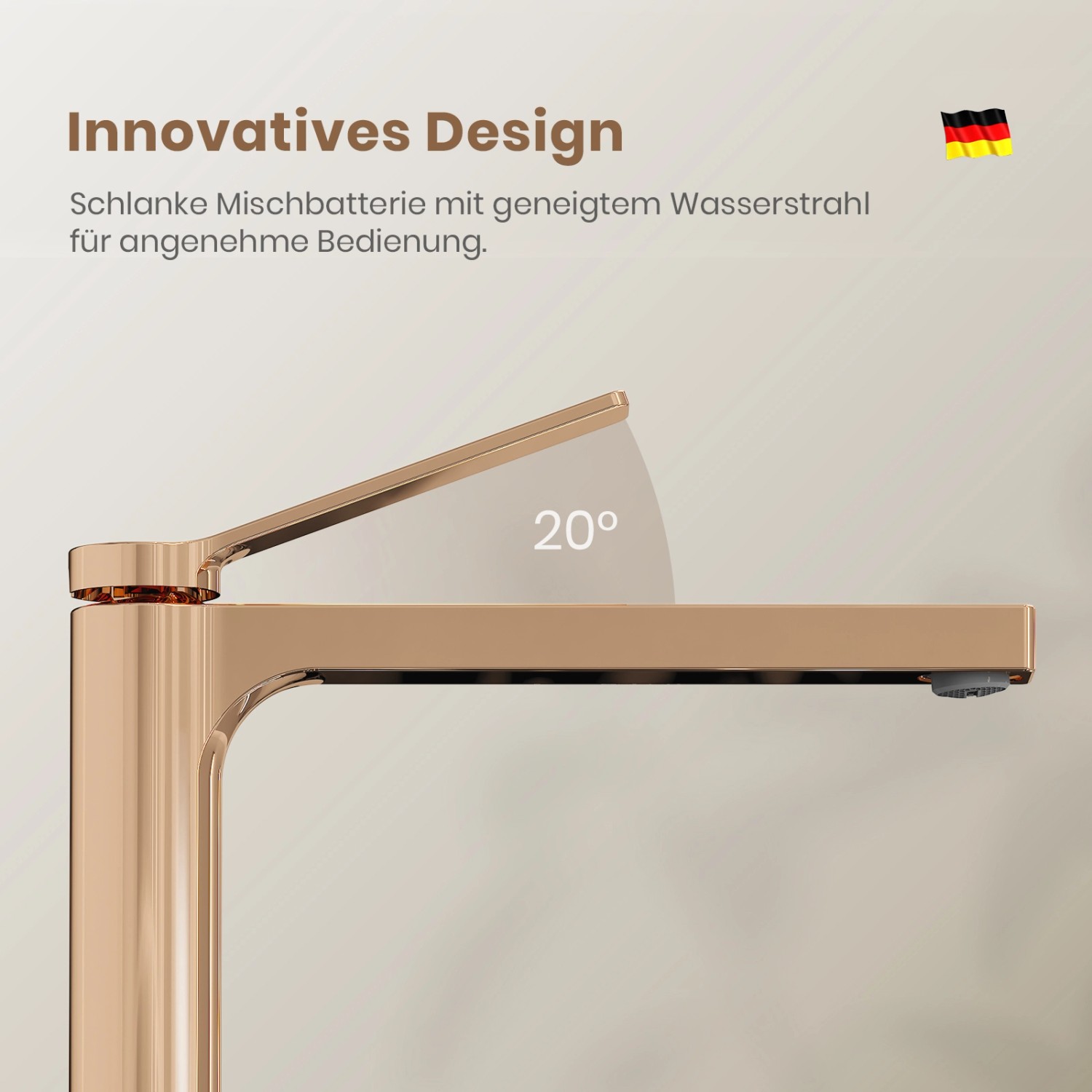 Roségoldene Emke Waschbeckenarmatur mit geneigtem Griff und Luftsprudler.