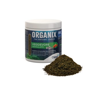 Oase Organix Veggievore Granulate Fischfutter, 500ml Dose mit Futterhaufen.
