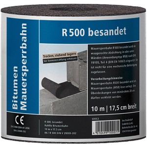 Bitumen Mauersperrbahn R500, 10 m Rolle für Wandstärke 17,5 cm, zur Abdichtung gegen Bodenfeuchte.