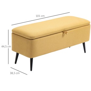 Gelbe HOMCOM Sitzbank mit Stauraum, Leinenoptik, 101x38x44 cm. Gepolsterter Hocker mit schwarzen Beinen.